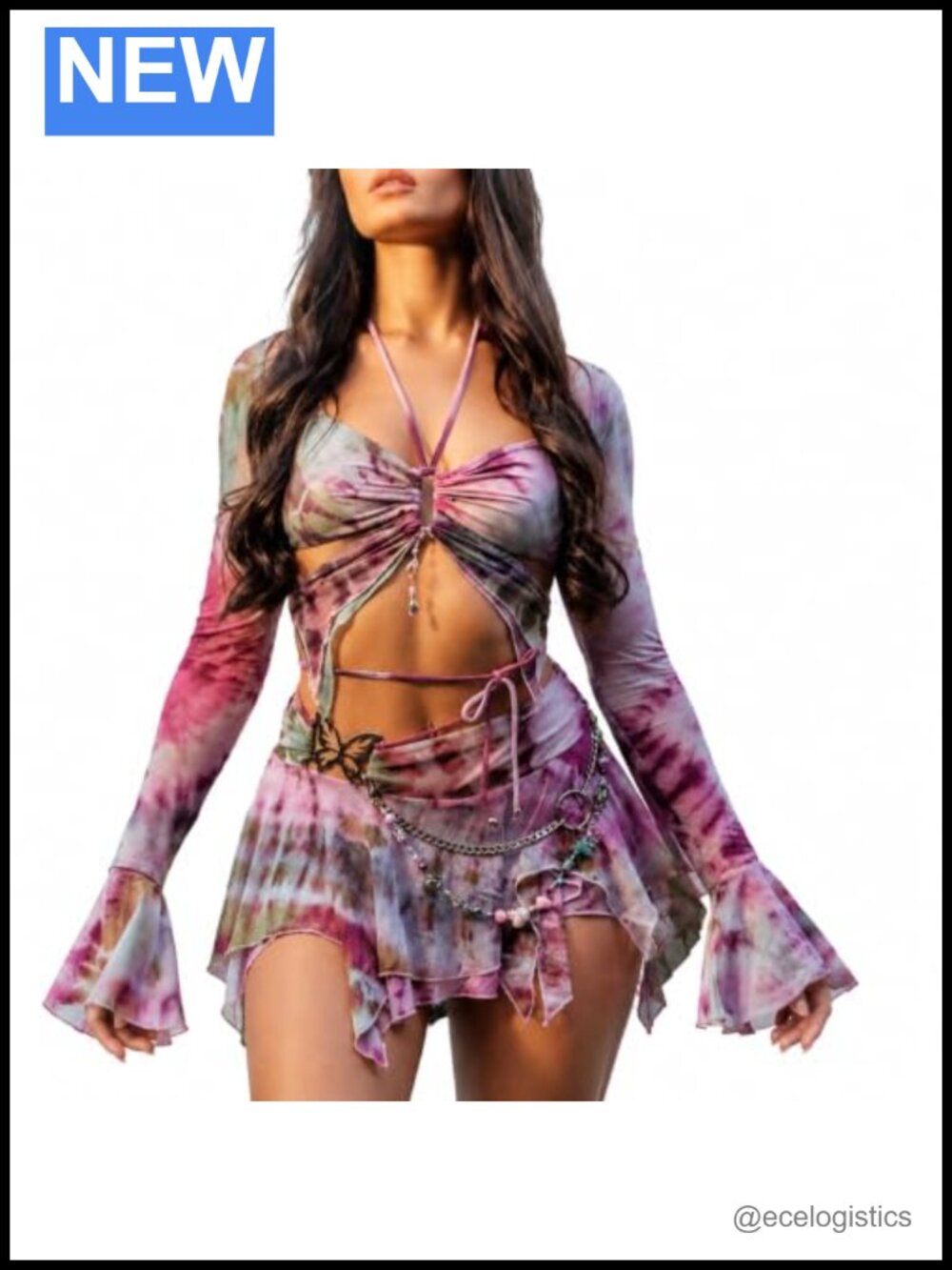 Women's 2 Piece Tie Dye Butterfly Top & Mini Skirt Rave Festival Outfit